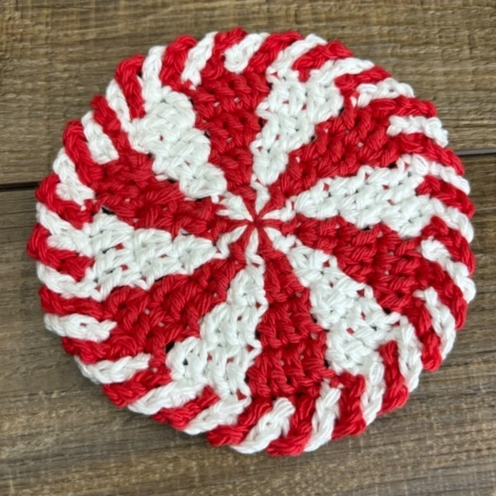 Handcrafted Crochet Peppermint Coasters Christmas‎ Holiday Set of 4 Cotton